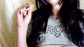 Alice into Hot T-shirt smokes a marijuana cigarette before having sex with a new stud