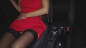 Car Sex With Hot Lady in Red Dress & Black Stockings