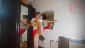 A naked lady does make-up in front of a mirror, puts on underwear, stockings, a skirt. 3