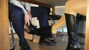 Secretary inside Shiny Stockings n Leather Boots offer Boss Concealed Devils Pedicure - he Jizzes inside Business Leggings