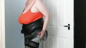Sally inside and out of her tight latex skirt