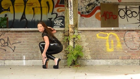 Julie Skyhigh teasing in latex Catsuit and platform heels