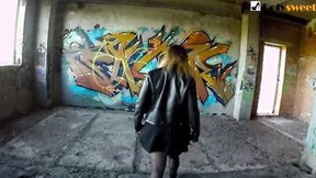 cunt with mouth draws graffiti and then fucks her BF fake-dick
