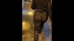 Wife in see thru mesh outfit with gstring in Atlantic City walking around