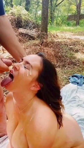 Slut Wife Blowjob in the Woods and Facial
