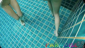 Lovely girls are having tons of fun in the swimming pool, with a very horny guys