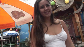 Charming amateur brunette chick shows her big natural tits