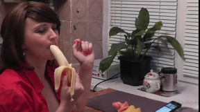 Woman without panties eating banana, strawberry whip cream and masturbate