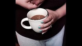 Lactating big tit mom squeezes breast milk into coffee