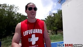 Handsome tattoed jock fucking lifeguard guy outdoor