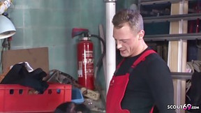Insatiable mature brunette is getting her hairy pussy ravaged by a horny mechanic, in his workshop
