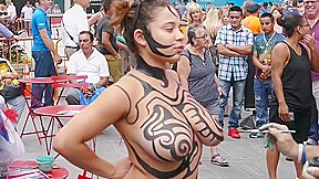 Big tits girl public body painting