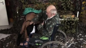 Nurse enjoys riding handicapped old guy in wheelchair