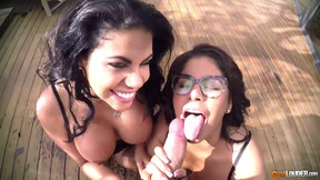 Big tits Twins Share One Penis POV outdoor