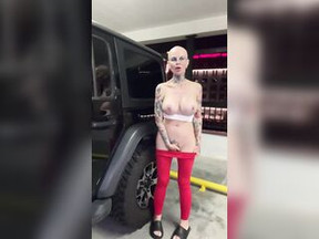 insane hairless cutie masturbation in the parking lot and squirting on wheel jeep, tattooed bitch