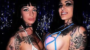 Cocksucking Busty Inked Brunette Babes Threesome, Tattooed Video