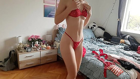 XXX Try On Haul with slender supermodel in red underwear