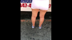 Pulls up dress at taco truck white see through spandex