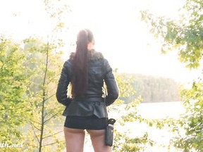 Pretty Jeny Smith shocked a biker in the forest with flashing her snatch and booty. Real situation