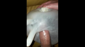 I try to get my cock inside the small hole of a latex glove