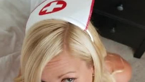 Naughty nurse point of view blow job. shoot that jizz sample into her mouth.