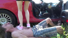 Sneakers trampling - brutal stomping jumping with cruel sexy girl in pink shoes